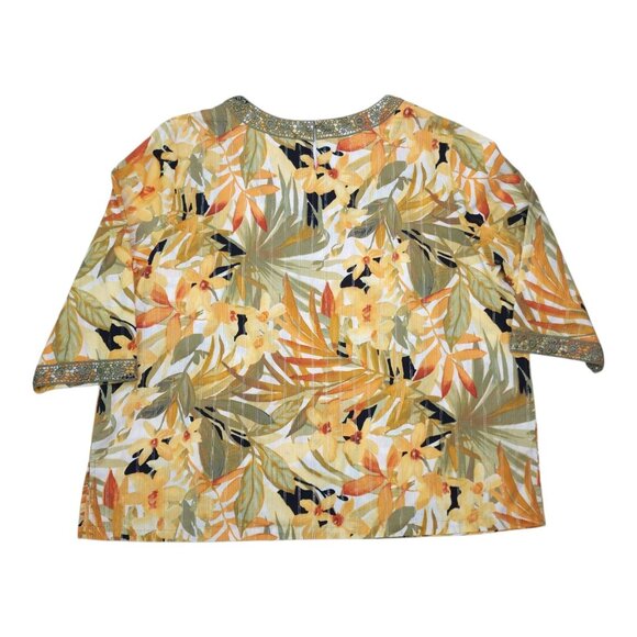 Alfred Dunner Womens Floral Top 22W Cotton Blend 3/4 Sleeve Tropical Leaf Print - Picture 2 of 8